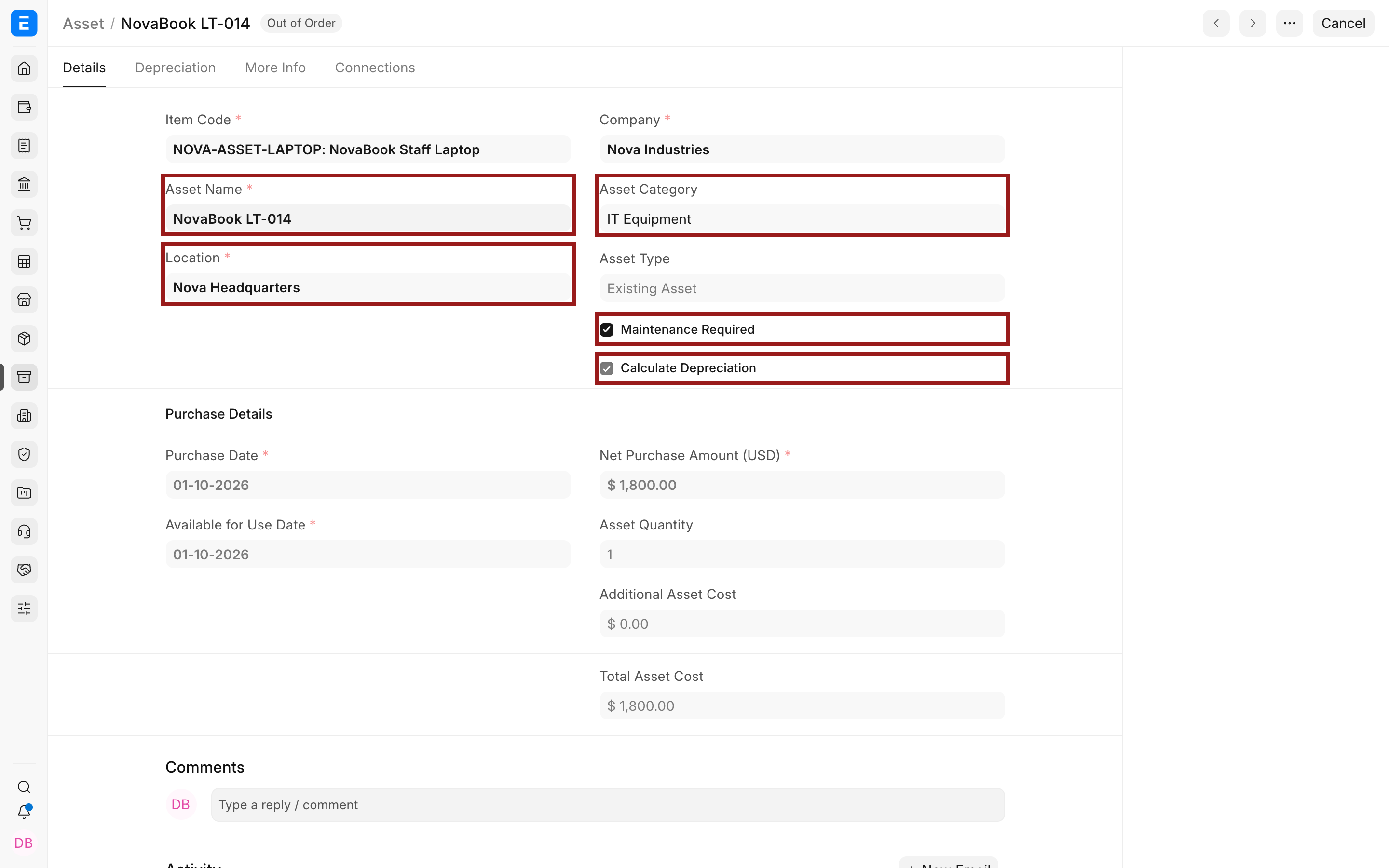 Purchased Asset details and depreciation controls in Bravo Hub ERP