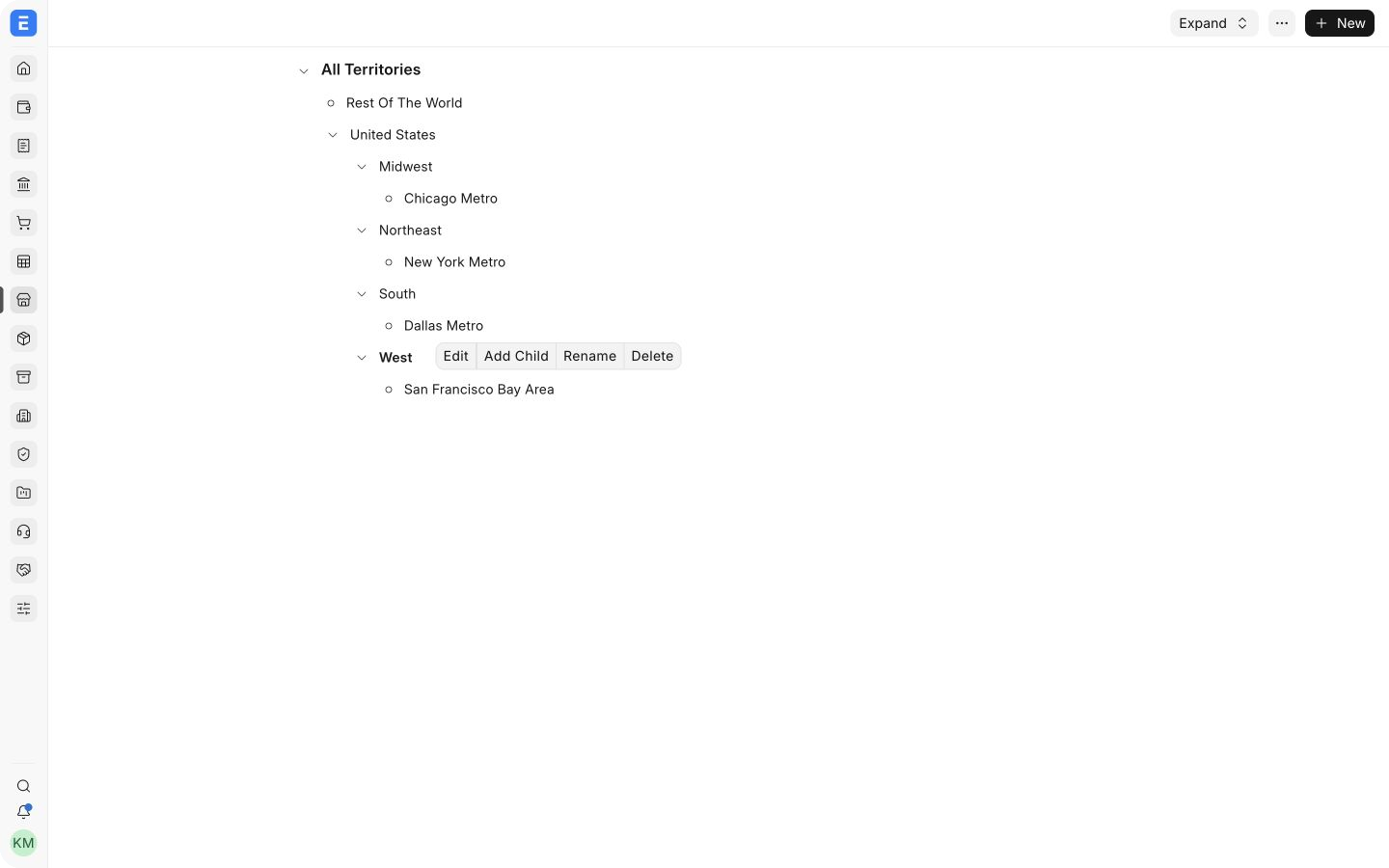Expanded Bravo Hub ERP Territory tree with United States regions and metro areas