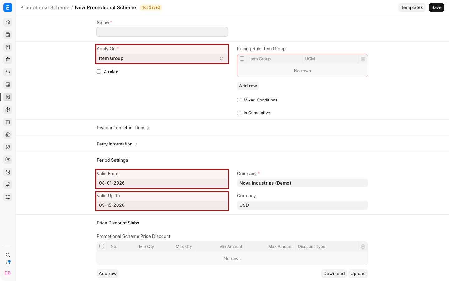 An Bravo Hub ERP Promotional Scheme with applicability and party settings.
