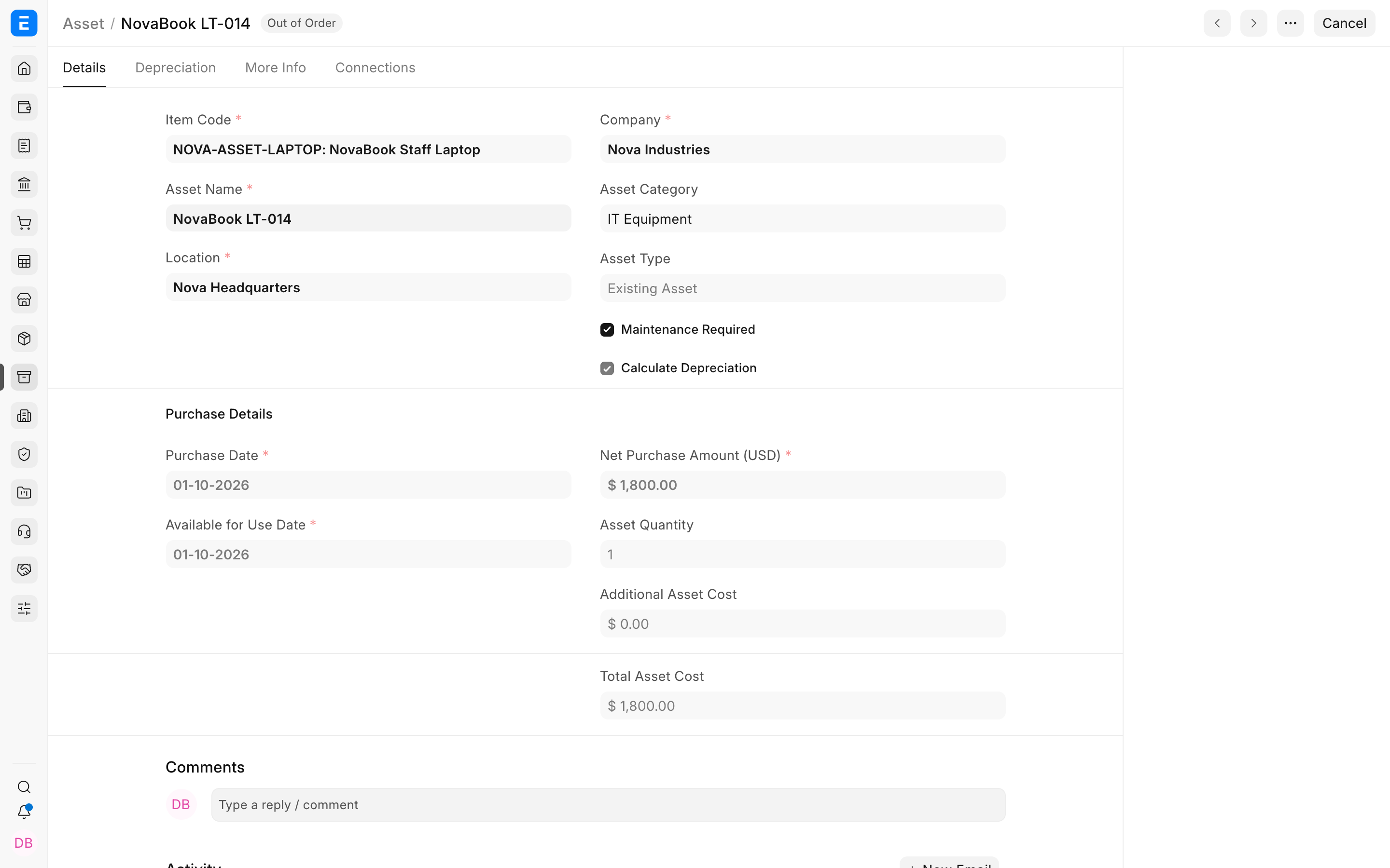 Finance Book rows on an Bravo Hub ERP Asset