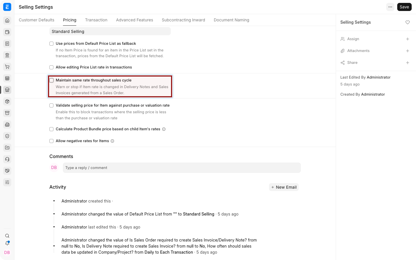 Selling Settings with the same-rate controls highlighted.