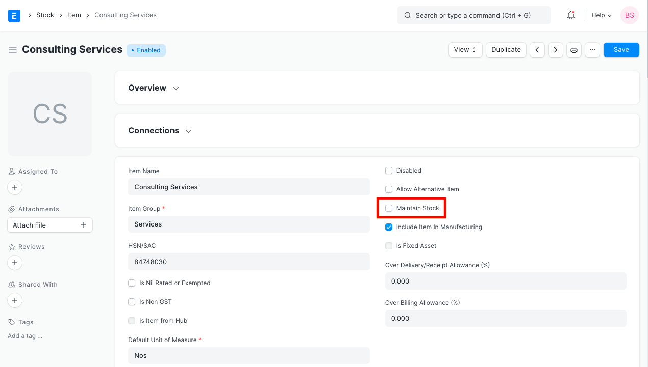 The Item form configured for a service by disabling Maintain Stock.