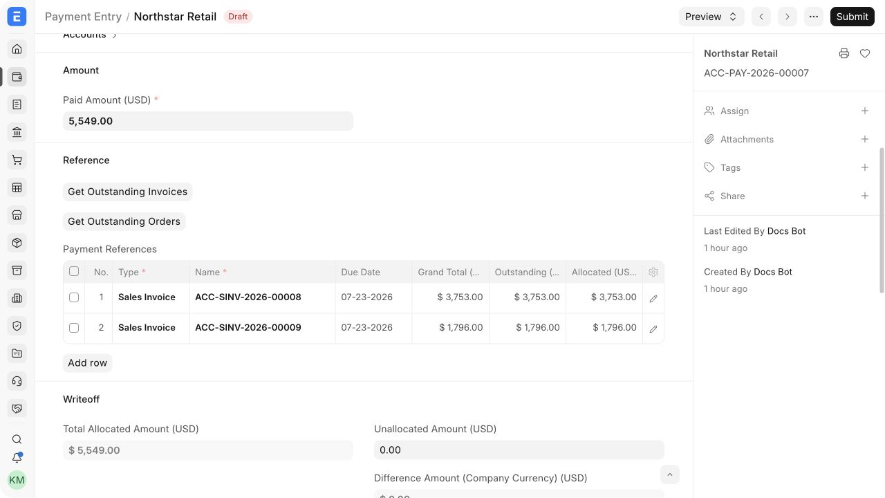 One Bravo Hub ERP Payment Entry allocated across two Sales Invoices