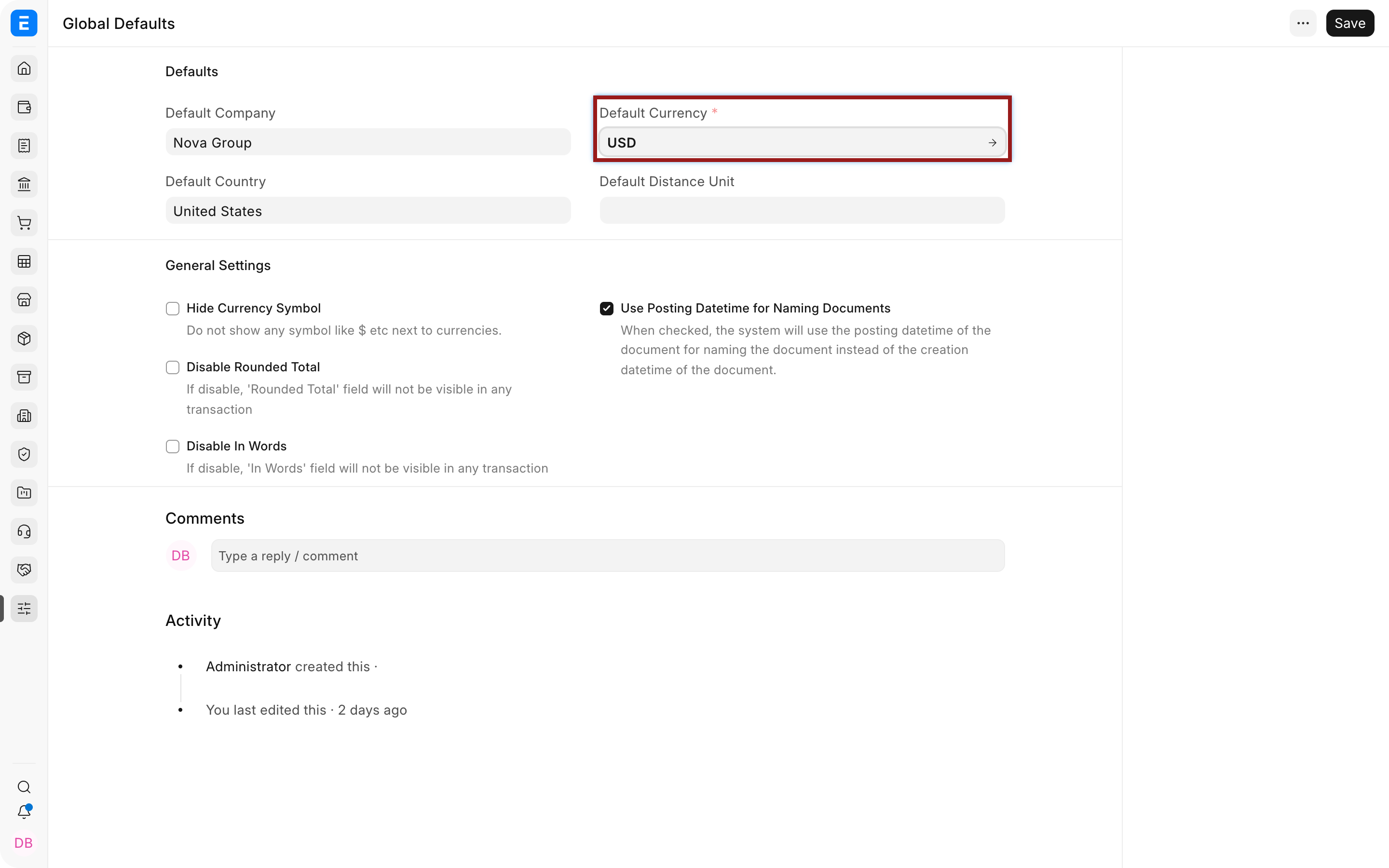 Default Currency in Bravo Hub ERP Global Defaults