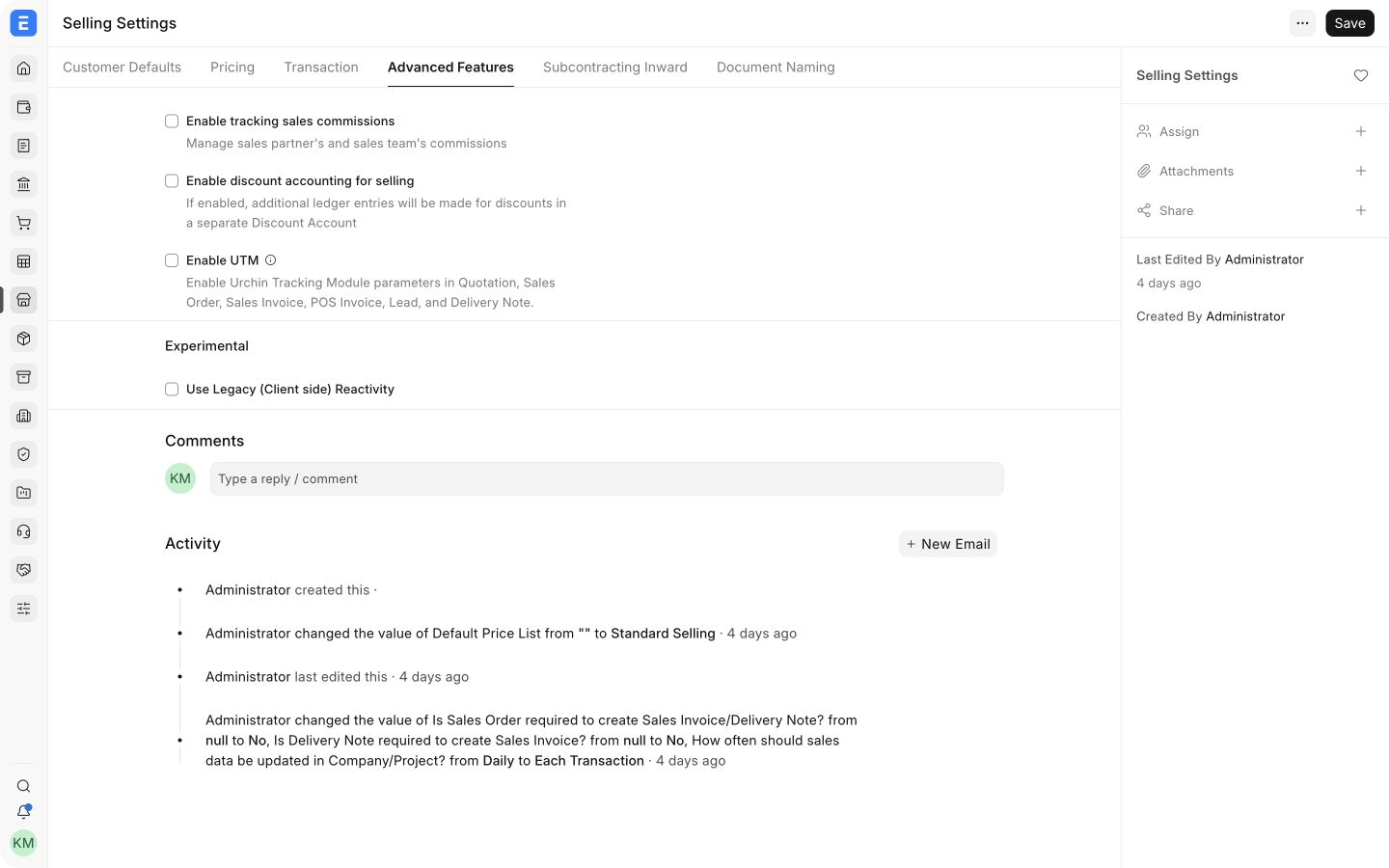 Advanced Features tab in Bravo Hub ERP Selling Settings