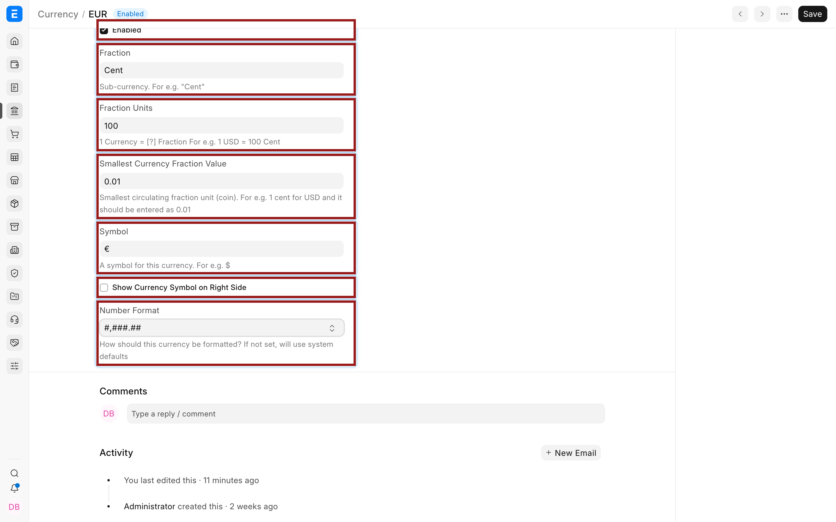 EUR currency settings in Bravo Hub ERP