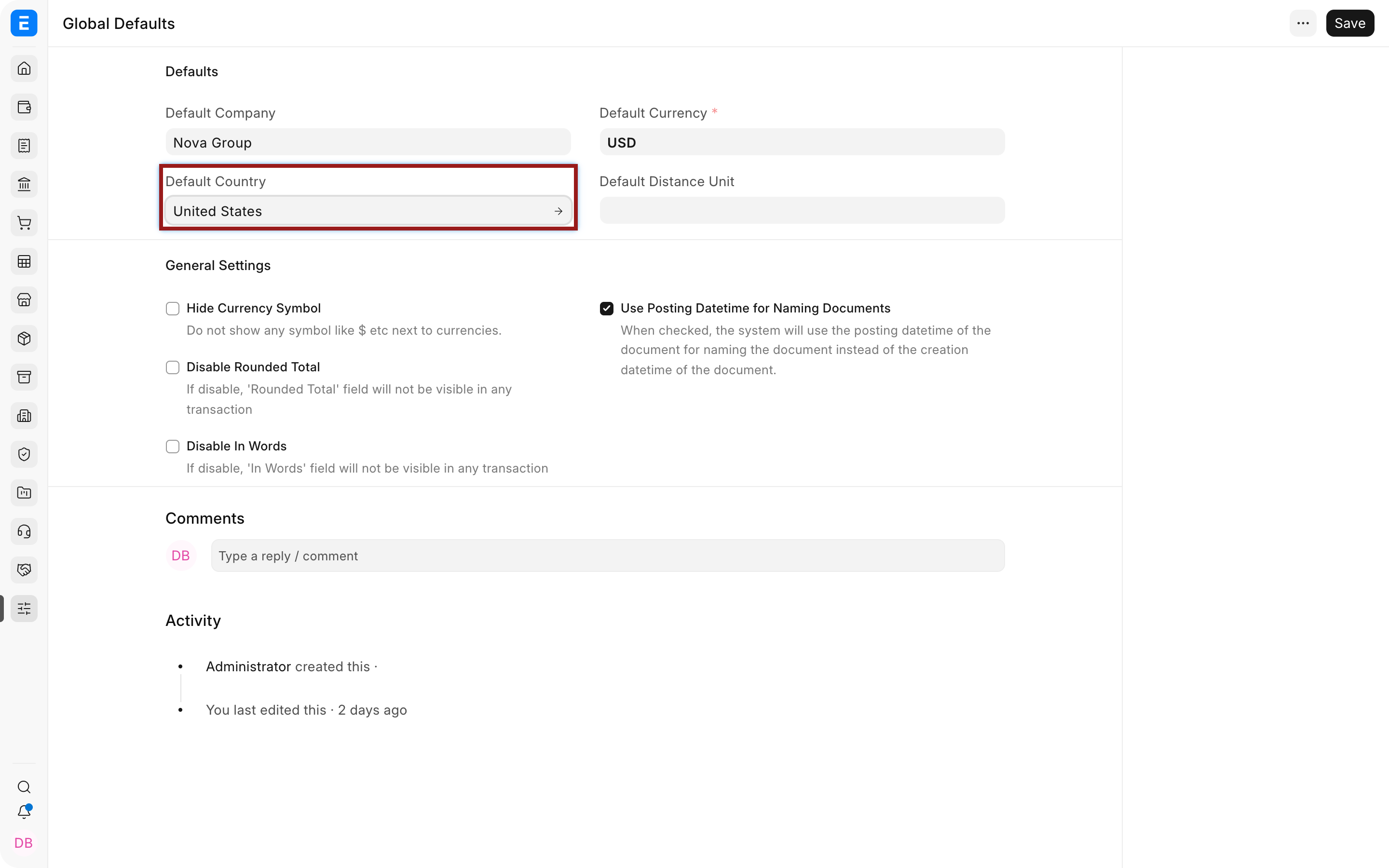 Default Country in Bravo Hub ERP Global Defaults